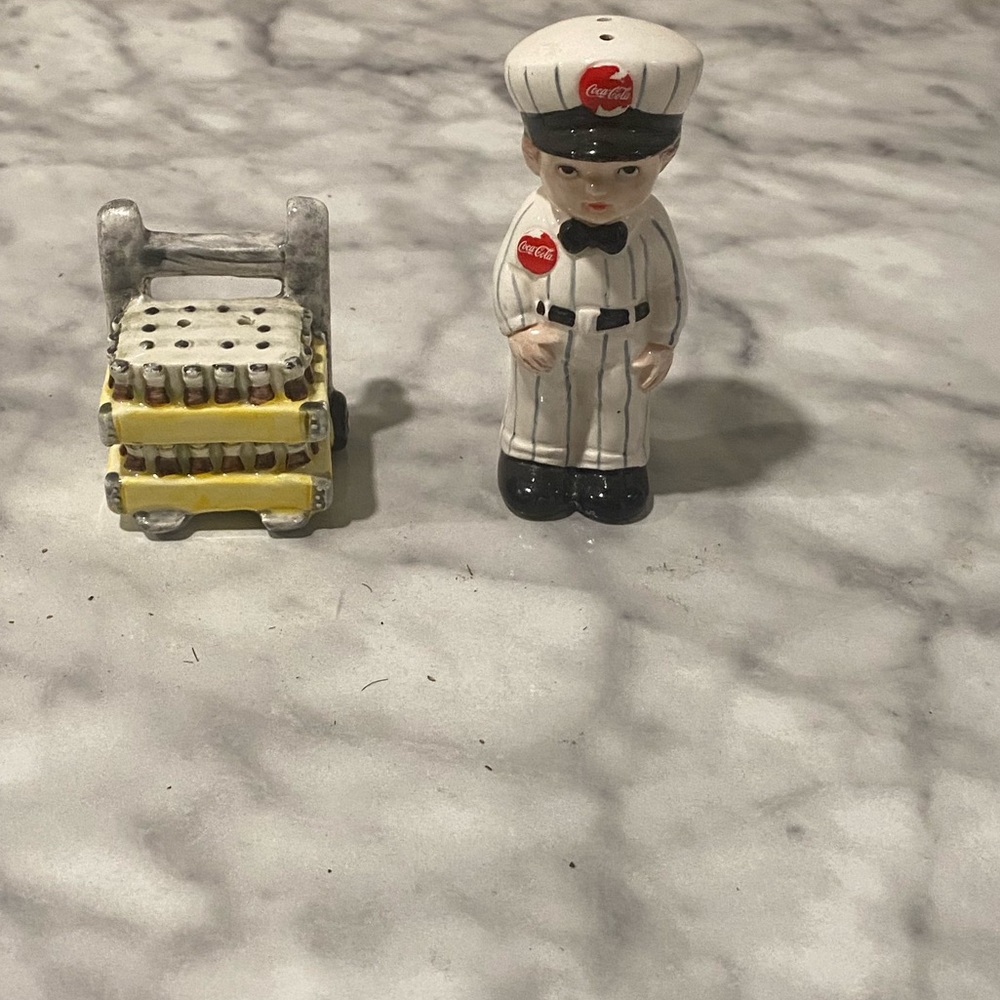 Vintage Coca Cola delivery man and hand truck salt and pepper shakers